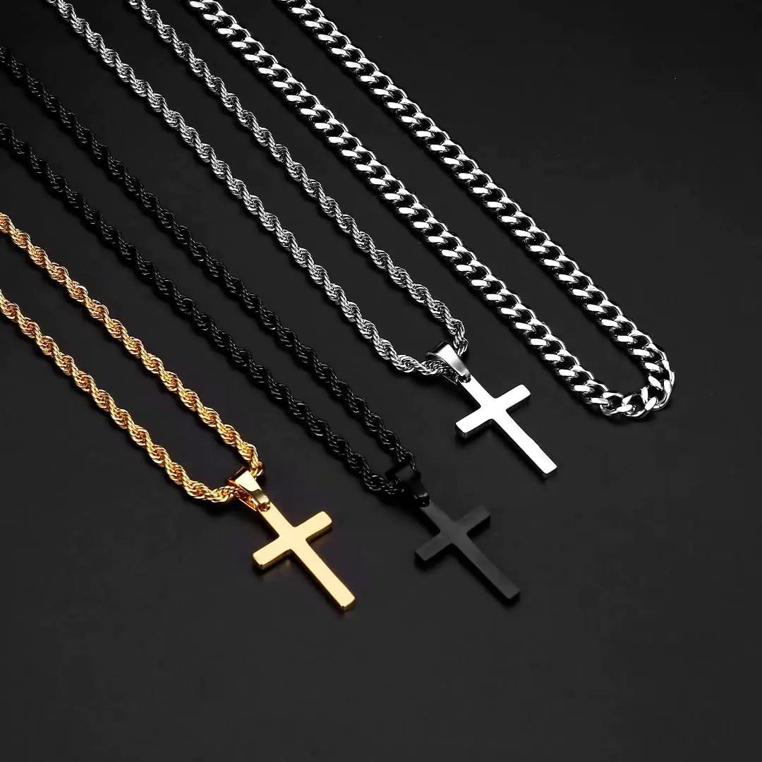 Stainless Steel Layered Rope Chain Cross Pendant Necklace