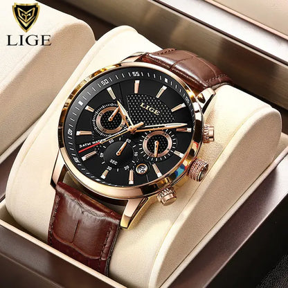 2023 LIGE Luxury Leather Quartz Men's Watch