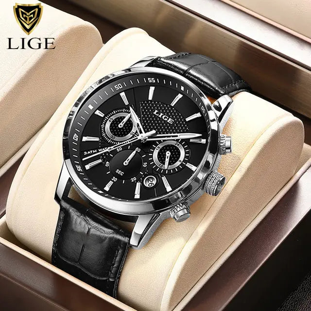 2023 LIGE Luxury Leather Quartz Men's Watch