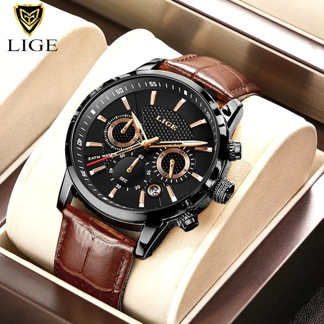 2023 LIGE Luxury Leather Quartz Men's Watch