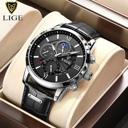 2023 LIGE Luxury Leather Quartz Men's Watch