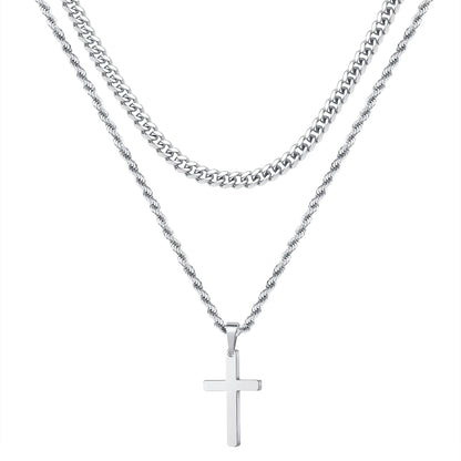 Stainless Steel Layered Rope Chain Cross Pendant Necklace