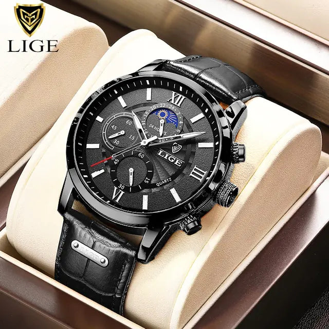 2023 LIGE Luxury Leather Quartz Men's Watch