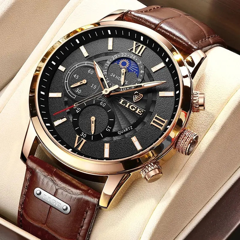 2023 LIGE Luxury Leather Quartz Men's Watch