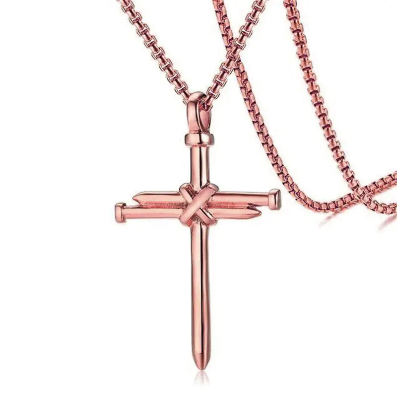 Steel Gold Round Box Chain Iron Nail Cross Pendant Necklace 3mm