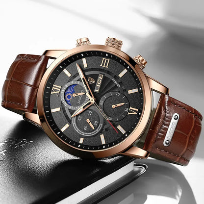 2023 LIGE Luxury Leather Quartz Men's Watch