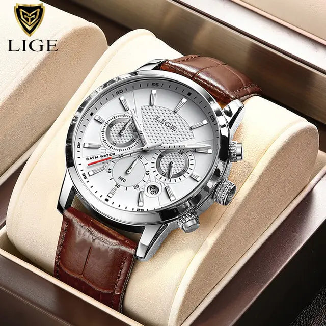 2023 LIGE Luxury Leather Quartz Men's Watch