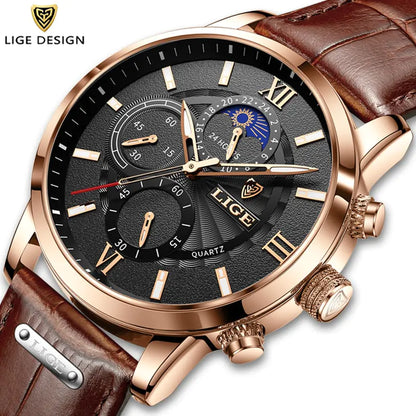 2023 LIGE Luxury Leather Quartz Men's Watch