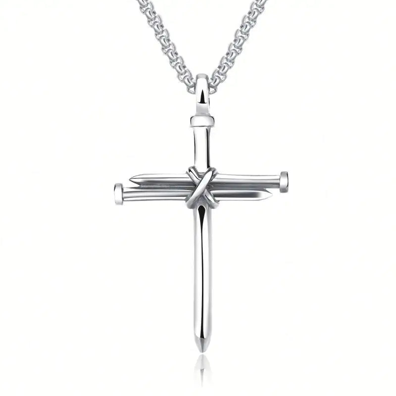 Steel Gold Round Box Chain Iron Nail Cross Pendant Necklace 3mm