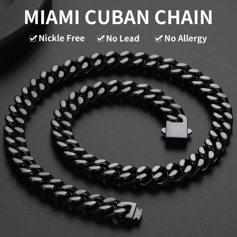 Stainless Steel Men's Cuban Link Chain, Black/18K Gold