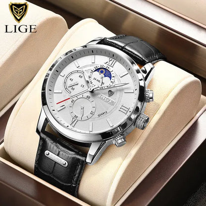 2023 LIGE Luxury Leather Quartz Men's Watch