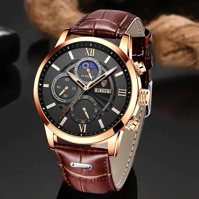 2023 LIGE Luxury Leather Quartz Men's Watch